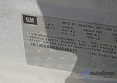 2013 Chevrolet Sonic Lt Auto из США, поврежденный, VIN 1G1JC5SH6D4243377